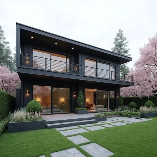 A sleek, contemporary two-story home composed of clean, geometric lines and a sophisticated monochromatic palette of charcoal, graphite, and soft gray. The façade features large windows framed by slim