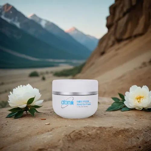 Create an elegant, clean, and luxurious background for a beauty cream packaging shot. The scene should evoke a sense of sophistication and purity, aligning with the Atomy brand's commitment to high-qu