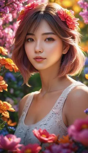 Vibrant anime-style portrait of a beautiful girl surrounded by colorful flowers,the girl with flowers in her hair,japanese sakura background,flower background,girl in flowers,beautiful girl with flowe