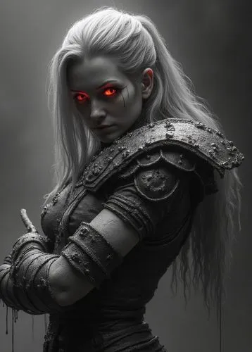 white pencil drawing on black canvas, dripping lines.

a female barbarian is standing sideways while looking with her sharp red glowing eyes at the viewer. Her full body is scared of the endless batll