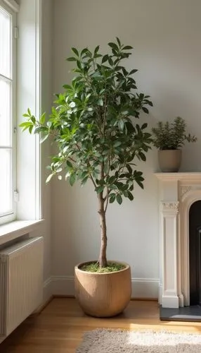 decorative tree in pot, living room,home staging,there is a potted plant by the window,intensely green hornbeam wallpaper,potted tree,growing mandarin tree,hornbeam,crepe myrtle,dwarf tree,boxwood,che