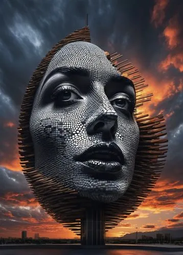 wood and carven fibonaci spiral sunset  in the clouds,, pixelated image,  Transform pixelated videos into high-definition footage. dark and  grey lips, salvador dali dark matter
,dali,photo manipulati