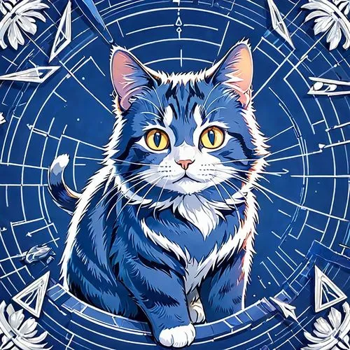 Create a single-subject blueprint poster of a cat

using only the main subject from the uploaded image. Render it as a clean white technical line drawing on a deep cobalt-blue blueprint background wit