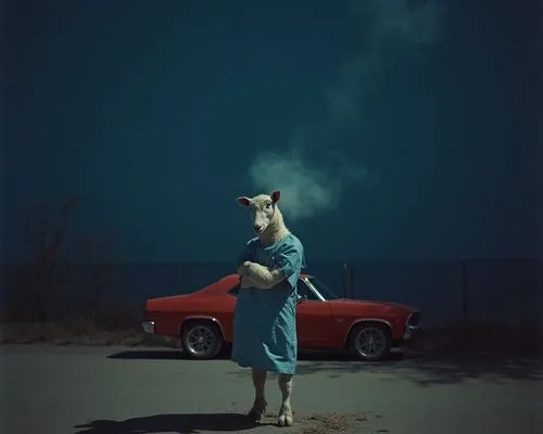 woman in blue dress holding stuffed animal with red car parked in background,woman in the car,hosseinian,american snapshot'hare,conceptual photography,girl and car,sorrenti,deerhunter,vinoodh,sparkleh