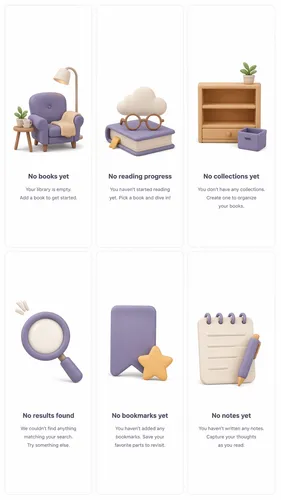 Empty state illustrations for a {argument name="app type" default="Reading app"}, {argument name="scene count" default="6"} scenes in {argument name="style" default="3D clay style"}.
Each illustration