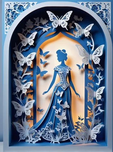 Paper carvings, paper, blue and white porcelain, butterfly lamps, detailed patterns,paper art,blue and white porcelain,art nouveau,paper cutting background,art nouveau frame,art nouveau design,blue le