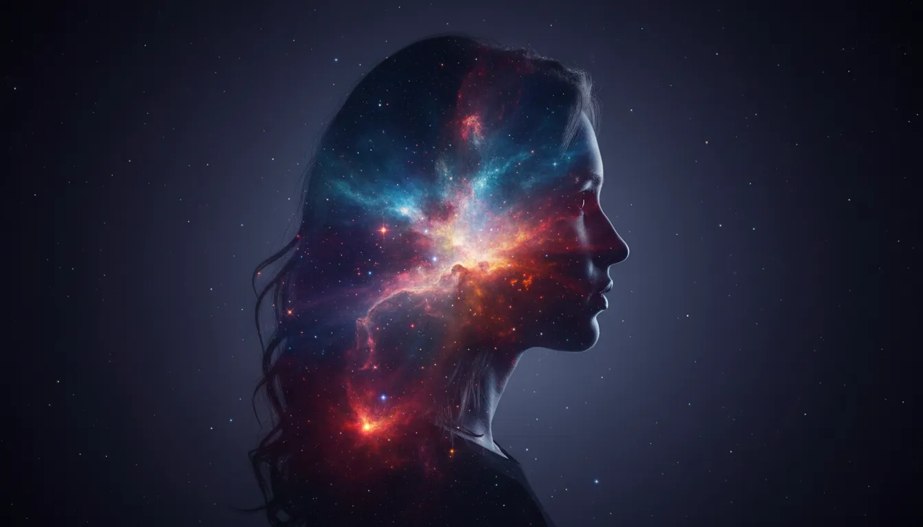 Splendido ritratto a doppia esposizione generato da AI che mostra la silhouette di una donna riempita da una drammatica e colorata nebulosa.