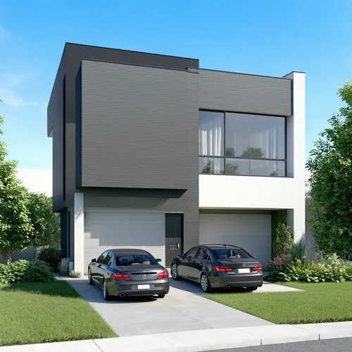 A high-quality rendering of a modern form of big, large, spacious two-story, L-shaped residential building. The house has a garage for two cars. The building is passive. ,two cars parked in front of a