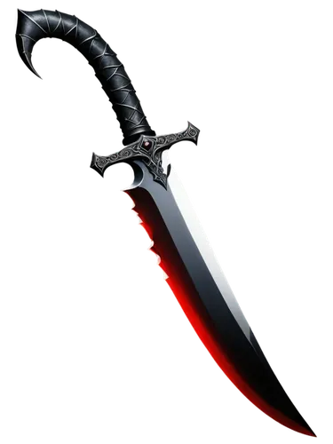 a curved dagger, black and white hilt, blade made of dark red glass, jagged, very sharp

,bowie knife,hunting knife,serrated blade,knife,sharp knife,ranged weapon,kitchenknife,scabbard,dagger,saw blad