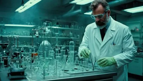 Stable diffusion, futuristic laboratory, sci-fi ambiance, sleek metal tables, various contraptions, beakers, test tubes, petri dishes, microscope, lab coat, goggles, gloves, scientist, middle-aged man