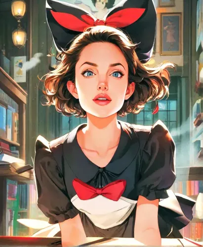 waitress,retro diner,cooking book cover,transistor,girl in the kitchen,studio ghibli,white rabbit,sci fiction illustration,game illustration,cg artwork,barista,mari makinami,bunny,vanessa (butterfly),