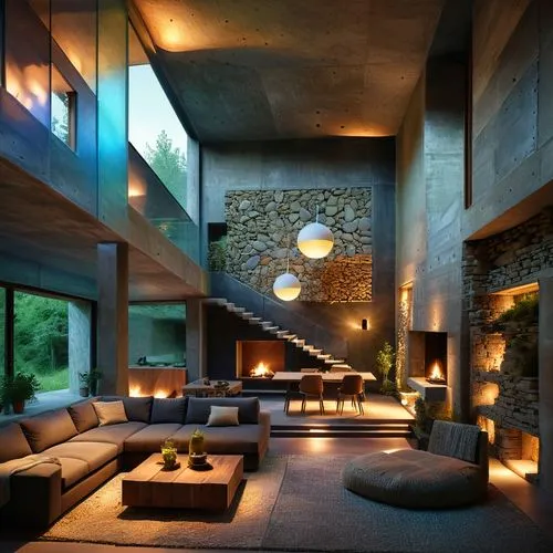 A modern living room space, inspired by Ukrainian design style, with a floor height of 5 meters, considering the relationship between space and people and the environment, and the lighting effect duri