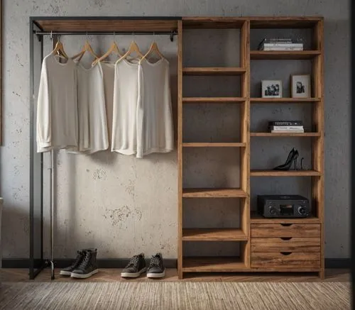 two white shirts hang on a rack next to wooden drawers,walk-in closet,wardrobe,mudroom,wardrobes,closet,storage cabinet,closets,shoe cabinet,dresser,garment racks,cupboard,minimalism,metal cabinet,woo