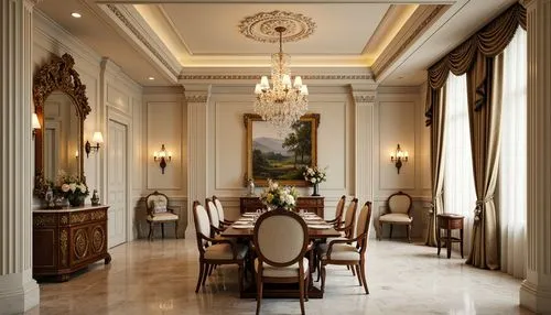 Elegant dining room, neoclassical furniture design, ornate wood carvings, gilded accents, velvet upholstery, crystal chandeliers, marble floors, cream-colored walls, classic columns, symmetrical compo
