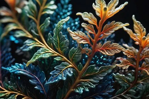 Intricate matrix ornaments 🌊✨, 8K 📺, HD 🌟, high render 🎨.,colorful ferns on dark background in very vivid pattern,arborvitae,mandarin leaves,bicolor leaves,gold leaves,watercolor leaves,colorful l