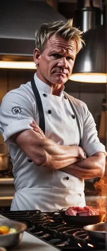 Gordon Ramsay AI, angry face, chef hat, white apron, muscular arms, crossed arms, standing, kitchen background, stainless steel countertops, sharp knives, cooking utensils, sizzling meat on stove, ste