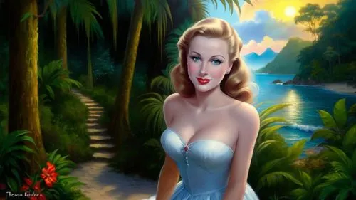 Romantic masterpiece oil painting, cute girl portrait, nostalgic 1950's style kitsch, vibrant rainforest landscape, lush tropical jungle paradise, summer beach vacation seaside cottage sunset scenery,