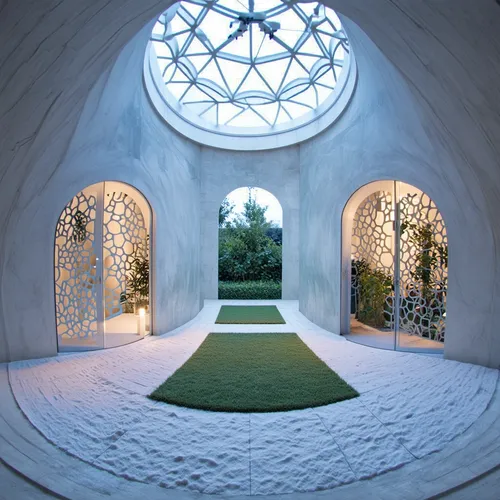 1. Forma general del domo:

Estructura semi ovalada con textura entrelazada en patrón de trenzado, hecha de concreto tipo concreto impreso en 3D. 100 mts2. máx. 10 metros de altura

El entorno es un p