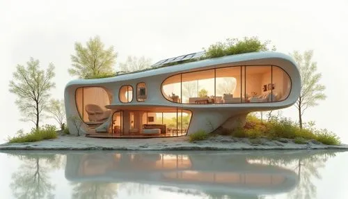 A model of a multi-story house Solar  Plans 
 a green roof, featuring solar panels and numerous plants on the exterior walls. The interior is visible through large windows, showing furnished rooms wit