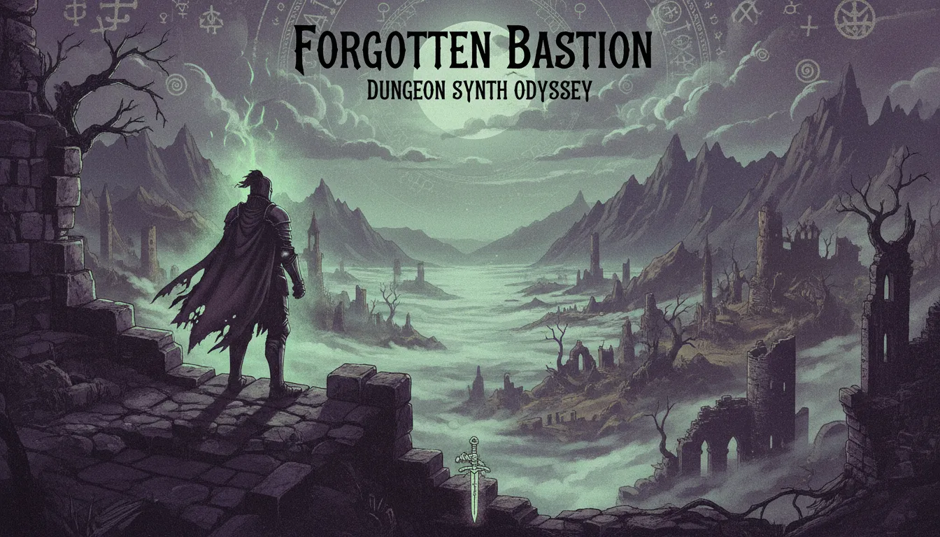 Un poster generato dall'AI in stile Dungeon Synth, con un cavaliere solitario che osserva una valle nebbiosa e piena di rovine dai bastioni di un castello.