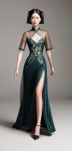 dark teal cheongsam-style gown with mesh layers and embroidery, and center-split skirt,plus-size model,social,plus-size,elegant,elegance,chair png,gown,one-piece garment,wheelchair,in seated position,