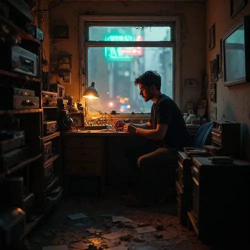 Within a decrepit apartment, illuminated solely by the flickering light of a malfunctioning neon sign outside the window, a man sits at a cluttered desk. Surrounded by obsolete electronics and stacks 