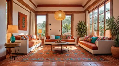 Modern Mexican Interior Design, Living Room, vibrant Mexican textiles, rustic terracotta tiles, lush indoor agave
,the large living room has two couches and tables,sitting room,moroccan pattern,mid ce