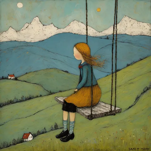 
girl on a swing in the mountain,little girl in wind,girl with bread-and-butter,carol colman,girl with dog,tightrope walker,girl in the garden,mirror in the meadow,girl with a wheel,tightrope,hanging 