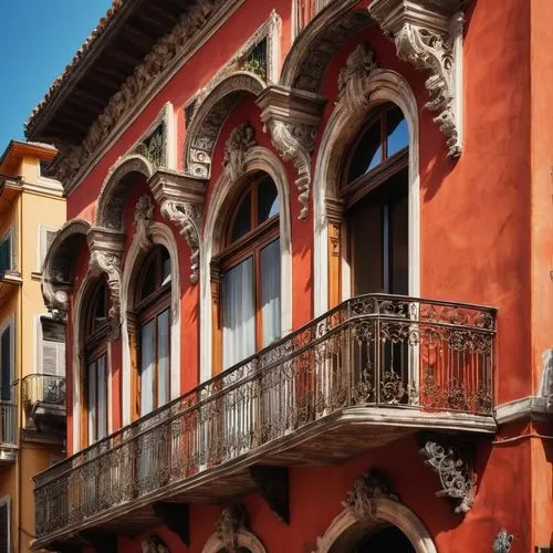 Naples Italy, historic building, ancient architecture, grandeur palace, Baroque style, ornate decorations, marble columns, arched windows, balconies with intricate ironwork, red-tiled rooftops, narrow