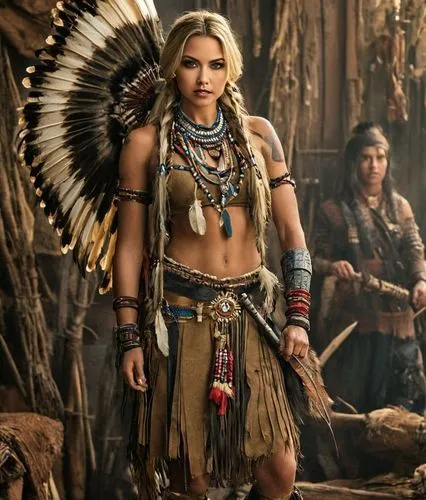 female algonquin blonde  warrior with familly indians,the beautiful, young woman in native costumes stands near an indian man,female warrior,warrior woman,warrior east,tribal,amazons,fantasy warrior,p