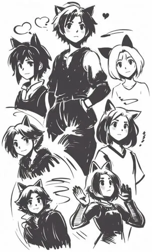 A minimalist anime-style character with realistic human proportions, featuring a boyish, medium-length haircut, cat ears, an upturned nose, and a human face. The artwork is an unfinished, rough black-
