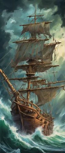 Picture an adventurous pirate ship sailing through treacherous seas with a laminated bamboo mast. Describe the stormy journey.,galleon ship,galleon,sea sailing ship,caravel,east indiaman,maelstrom,slo