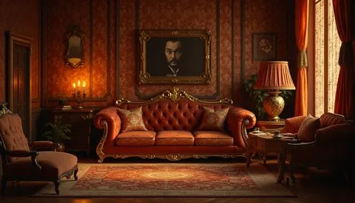warm amber color, luxurious, vintage, intricate patterns, ornate details, golden accents, metallic sheen, rich textures, soft warm lighting, cozy atmosphere, elegant interior design, wooden furniture,
