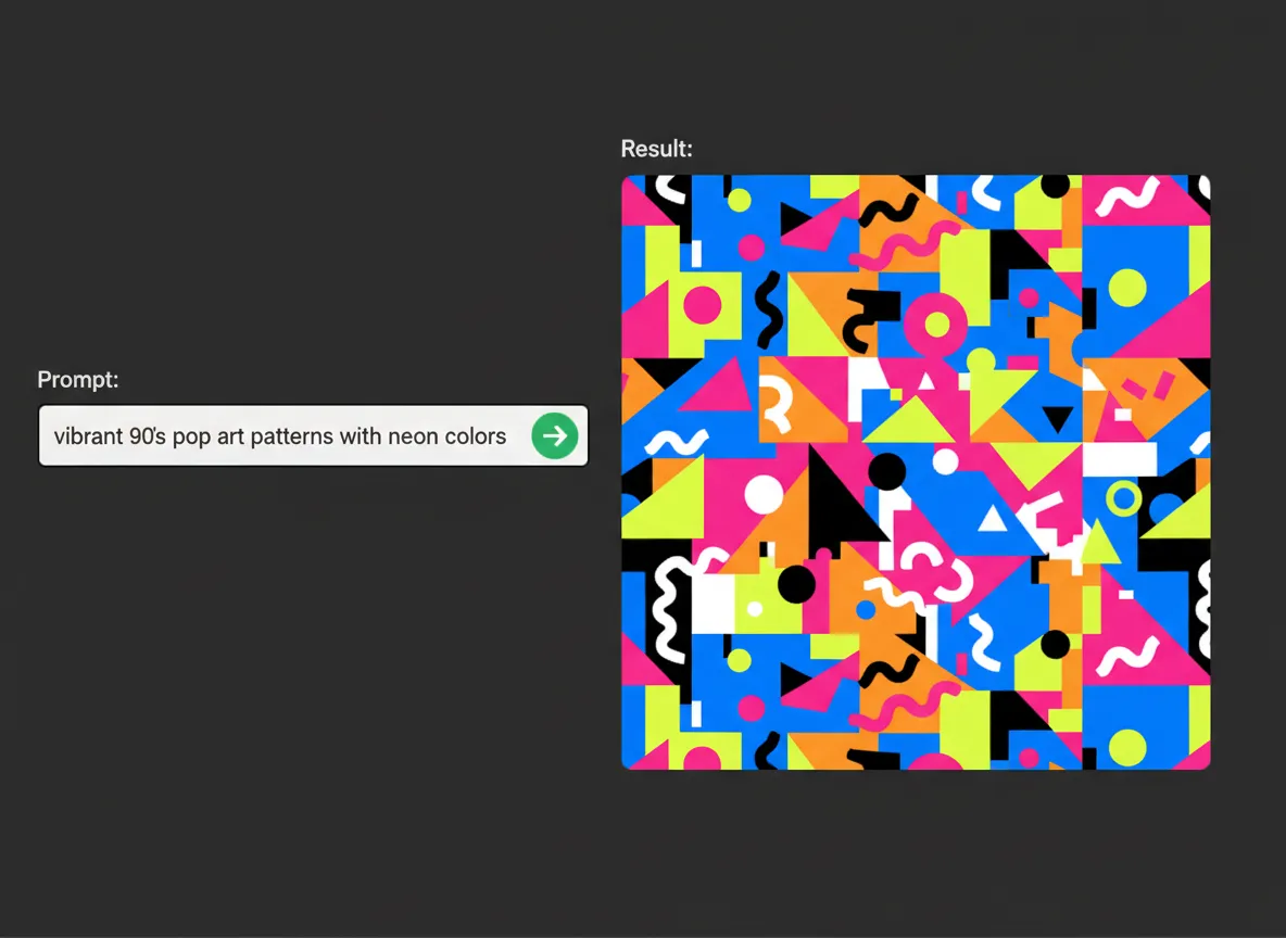 Ein Screenshot der Benutzeroberfläche, der ein Texteingabefeld mit 'lebendige 90er-Jahre-Pop-Art-Muster mit Neonfarben' neben einem resultierenden Memphis-Muster zeigt.