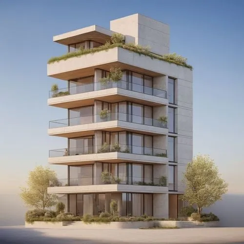 Create a premium luxury apartment building in a Modern Roman Minimalist architectural style. The design should combine the timeless elegance of Roman architecture with the simplicity of modern minimal