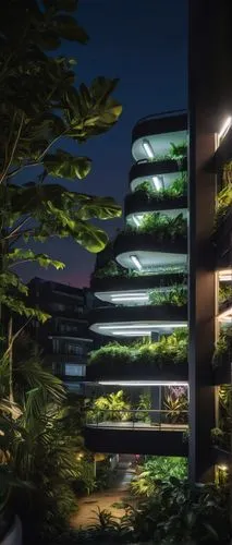Modern car parking architecture, sleek lines, angular structure, glass and steel materials, reflective surface, urban cityscape background, nighttime scene, streetlights casting dramatic shadows, cars