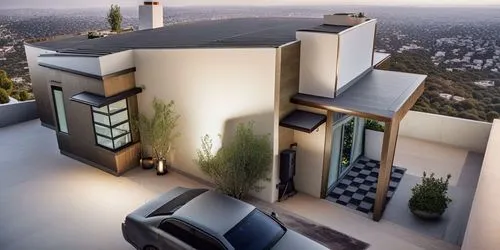 a black car parked outside of a house,roof landscape,modern house,modern architecture,roof top,penthouses,sky apartment,cubic house,roof terrace,smart house,cube house,house roofs,roof garden,mid cent