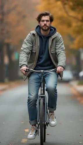 A casual fall outfit with a crewneck sweatshirt, cuffed jeans, and high-top sneakers. He’s biking through a small-town street, adding a relaxed, weekend-ready vibe to his look.























