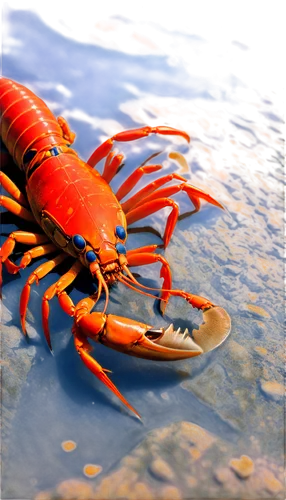 Crayfish, freshwater crustacean, bright blue eyes, orange claws, brown shell, detailed texture, shallow water, riverbed, morning sunlight, 3/4 composition, close-up shot, soft focus, warm color tone.,
