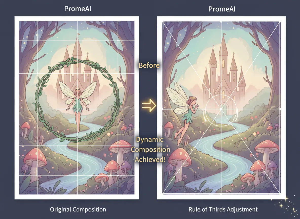 एक एनिमेटेड ग्राफ़िक जो यह दर्शाता है कि कैसे PromeAI एक Fairycore पोस्टर की रचना को तिहाई के नियम का पालन करने के लिए समायोजित करता है, जिससे एक अधिक गतिशील छवि बनती है।