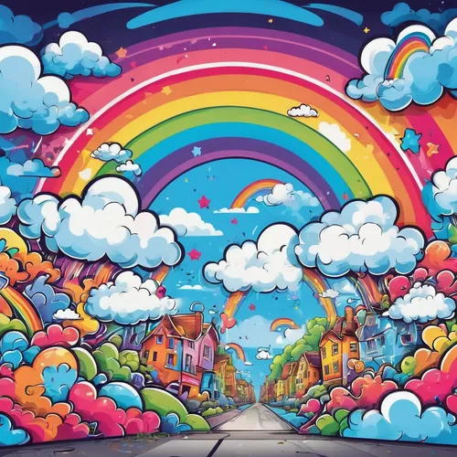 Design a cute wallpaper with fluffy clouds and rainbows,rainbow background,rainbow pencil background,rainbow clouds,rainbow world map,colorful background,children's background,rainbow bridge,unicorn b