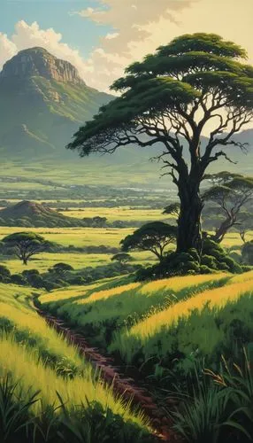 A detailed oil painting of a lush natural landscape in South Africa, 1960s South Africa. Envision a field with trees, tall grasses, and a large bush at its heart. The illustration captures an intricat