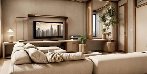 a living room with brown walls and a large television,penthouses,contemporary decor,3d rendering,interior modern design,luxury home interior,japanese-style room,donghia,modern room,modern decor,interi