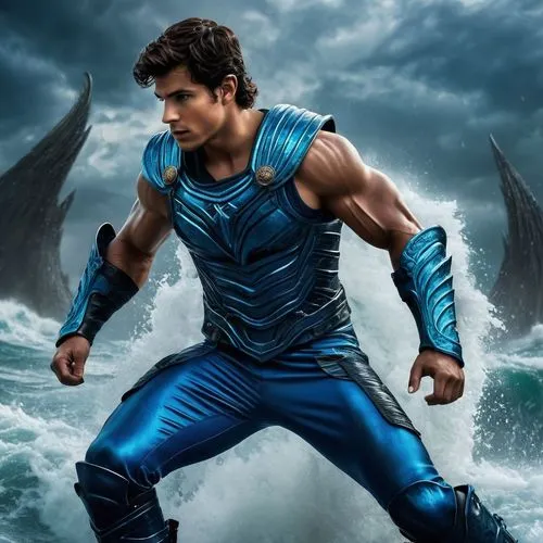Percy Jackson, son of Poseidon as a full god, wearing a blue armor vest, blue metal boots, shiny blue pants, with powerful muscles, in a hurricane ,Percy Jackson, son of Poseidon, summoning a hurrican