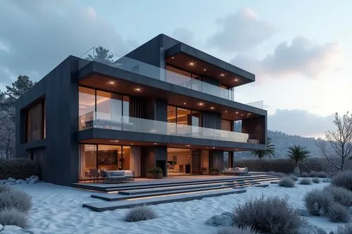 A contemporary, multi-story luxury residence showcasing a bold, geometric composition of stacked rectangular volumes in deep charcoal and slate hues. The façade features sleek glass railings, spacious