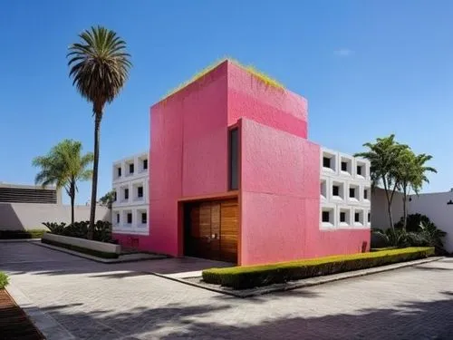  celosía arquitectónica de color BLANCO vibrante, con patrón de retícula cuadrada uniforme,an exterior of a building that looks like a pink box,cube house,cubic house,pink squares,house pineapple,mid 