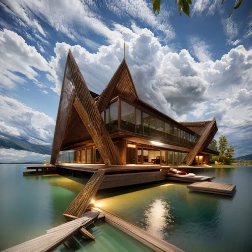 at night, by the lake,house by the water,floating huts,over water bungalows,stilt house,cube stilt houses,over water bungalow,house with lake,tropical house,boat house,houseboat,holiday villa,asian ar