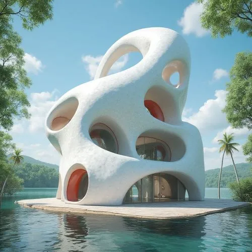 A detailed 3D render, an ethereal masterpiece of architectural marvel: An intricate white house with a red and white roof rises above a wooden platform. The blue sky, flanked by fluffy clouds, complem