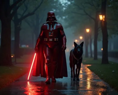 Darth Vader wearing a red Iron Man-style armored suit, glowing with subtle power lines and sleek metallic textures. He holds a glowing red lightsaber in one hand. His wrists are bound with long, heavy