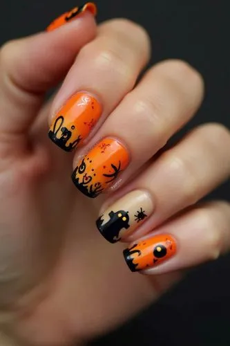 Nils Design, hallowen nails,
cute Halloween themed nail, magazine photos




















,a womans hand holding up a mani with orange and black halloween nail art designs,candy corn pattern,ladybu